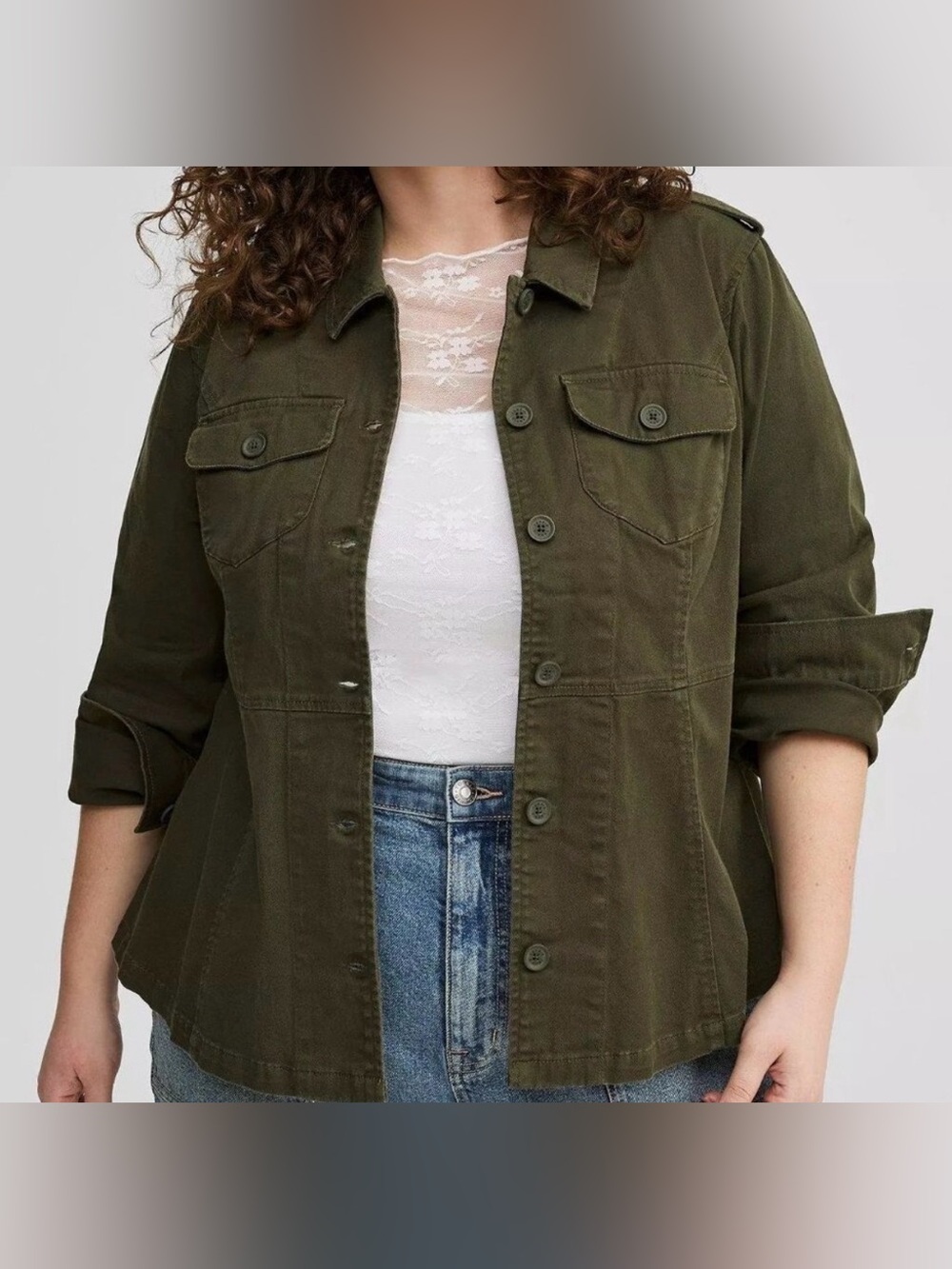 NWT Torrid Utility Jacket Size 3 22/24 Olive Green Stretch Peplum - Picture 2 of 11